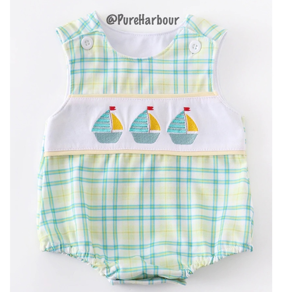 Sailboat Embroidered Gingham Boy Bubble Romper